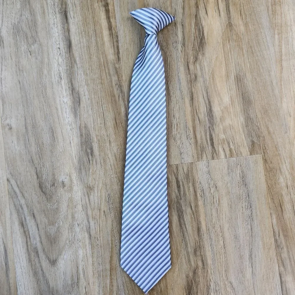 💜Silver & Gray Striped Pre-Tied Clip-on Tie Youth Large 12/14